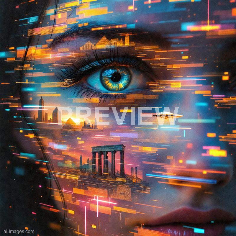 The image features a highly stylized and surreal composition of a human face, with the focus on a vividly detailed eye that appears to be glowing with blue and yellow hues. Overlaying the face are various futuristic cityscapes, including skyscrapers, ancient ruins, and a flying spacecraft, all rendered with a glowing, digital aesthetic. Bright, multicolored horizontal lines and pixelated effects create a sense of movement and a digital, cybernetic atmosphere, blending human features with elements of advanced technology and space.